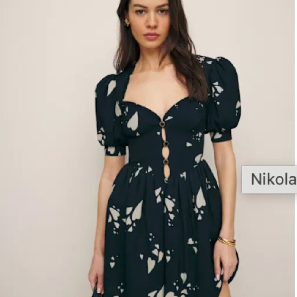 Reformation Black and Cream Puff Sleeve Mini Dress